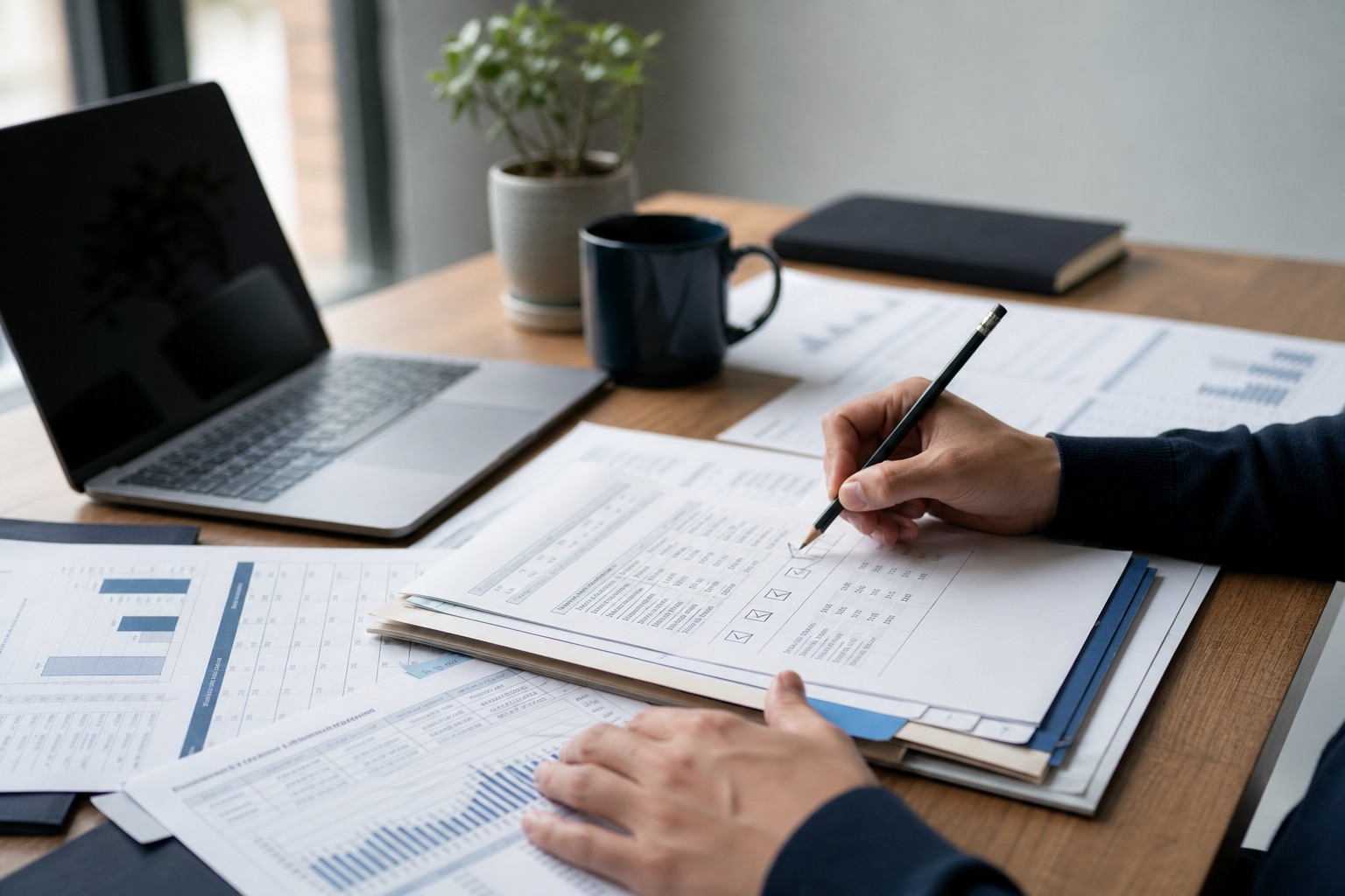 A founder reviewing a fundraising financial model at a desk